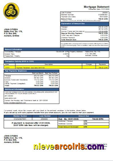 Eritrea Housing and Commerce bank mortgage statement